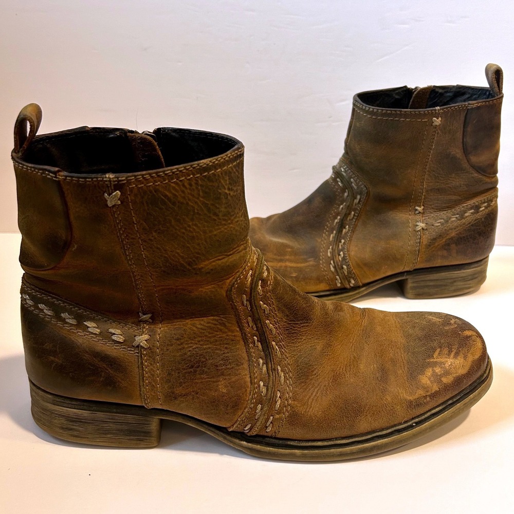 Bed Stu Revolution Leather Ankle Boots Mens 12 Brown Western Distressed Side Zip